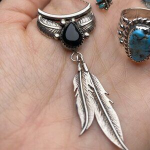 Vintage Native American Sterling Silver Black Onyx Feather Necklace